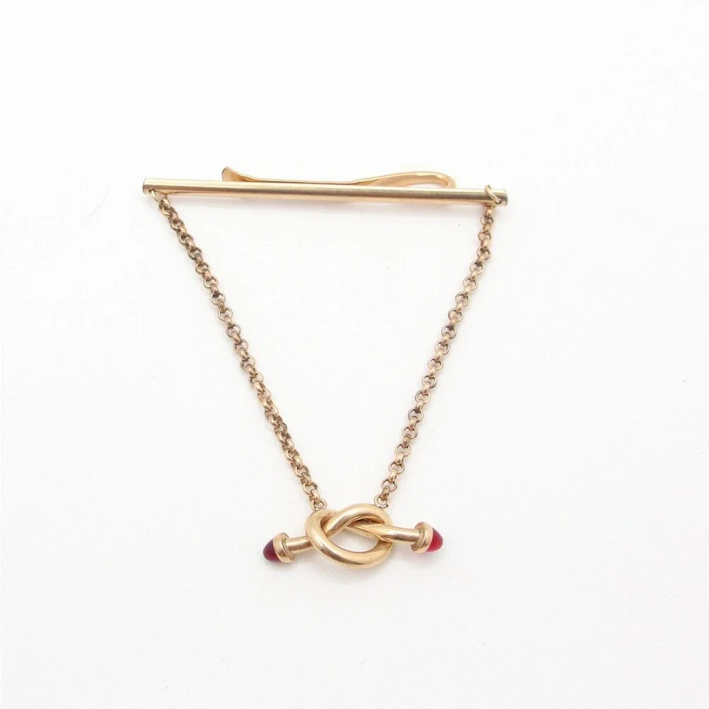 Vintage Krementz Gold Overlay Love Knot Tie Chain Clasp Red Ruby Glass Cabochon
